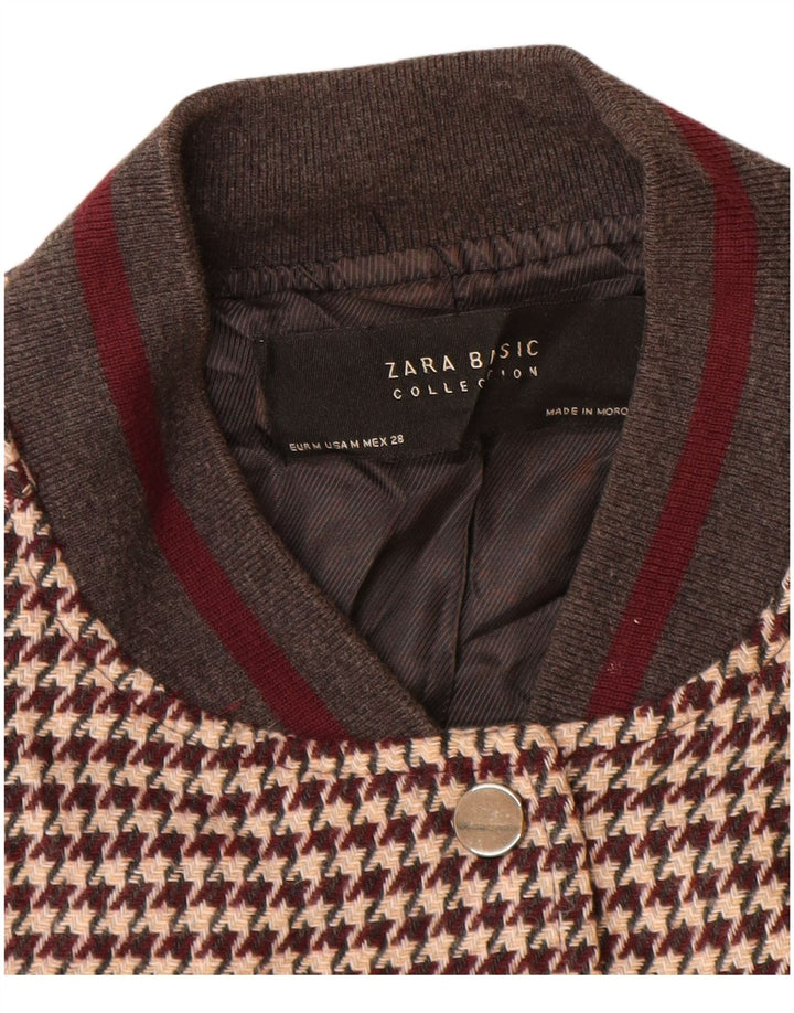 Zara Womens Varsity Jacket UK 14 Medium Brown Houndstooth Acrylic