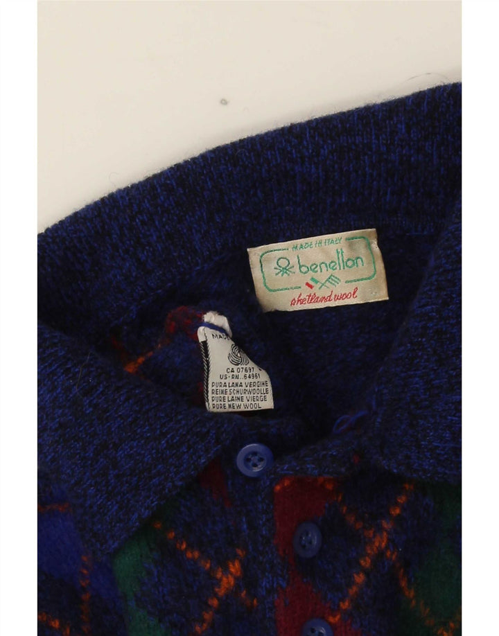 Benetton Mens Polo Neck Jumper Sweater IT 48 Small Blue Argyle/Diamond Wool
