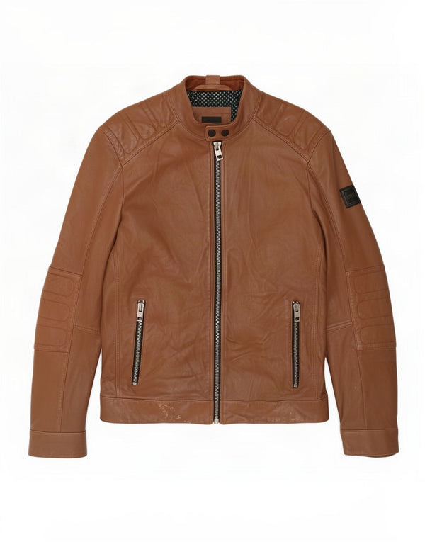 Hugo Boss Mens Leather Biker Jacket UK 36 Small Brown
