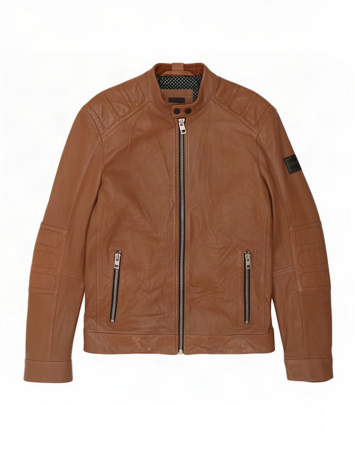 Hugo Boss Mens Leather Biker Jacket UK 36 Small Brown