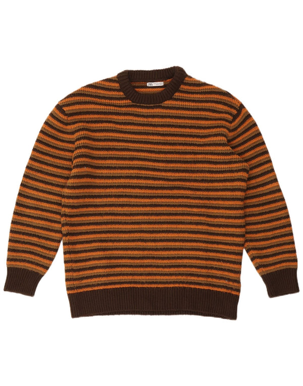 Zara Mens Crew Neck Jumper Sweater XL Brown Striped