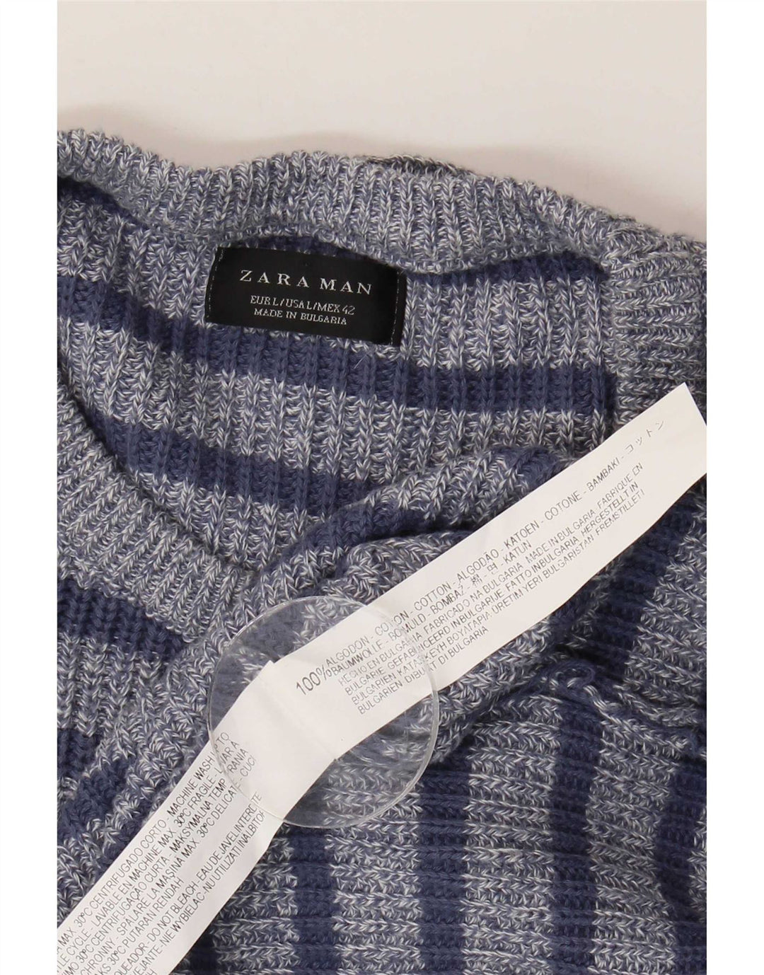 Zara Mens Crew Neck Jumper Sweater Large Blue Striped Cotton