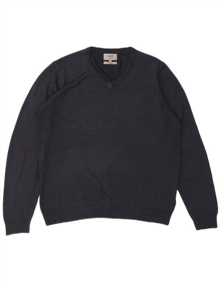 MARKS & SPENCER Mens V-Neck Jumper Sweater Large Navy Blue Acrylic