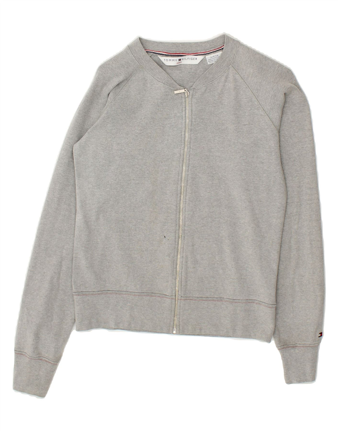 TOMMY HILFIGER Womens Jeans Graphic Tracksuit Top Jacket UK 10 Small Grey Vintage Tommy Hilfiger and Second-Hand Tommy Hilfiger from Messina Hembry 