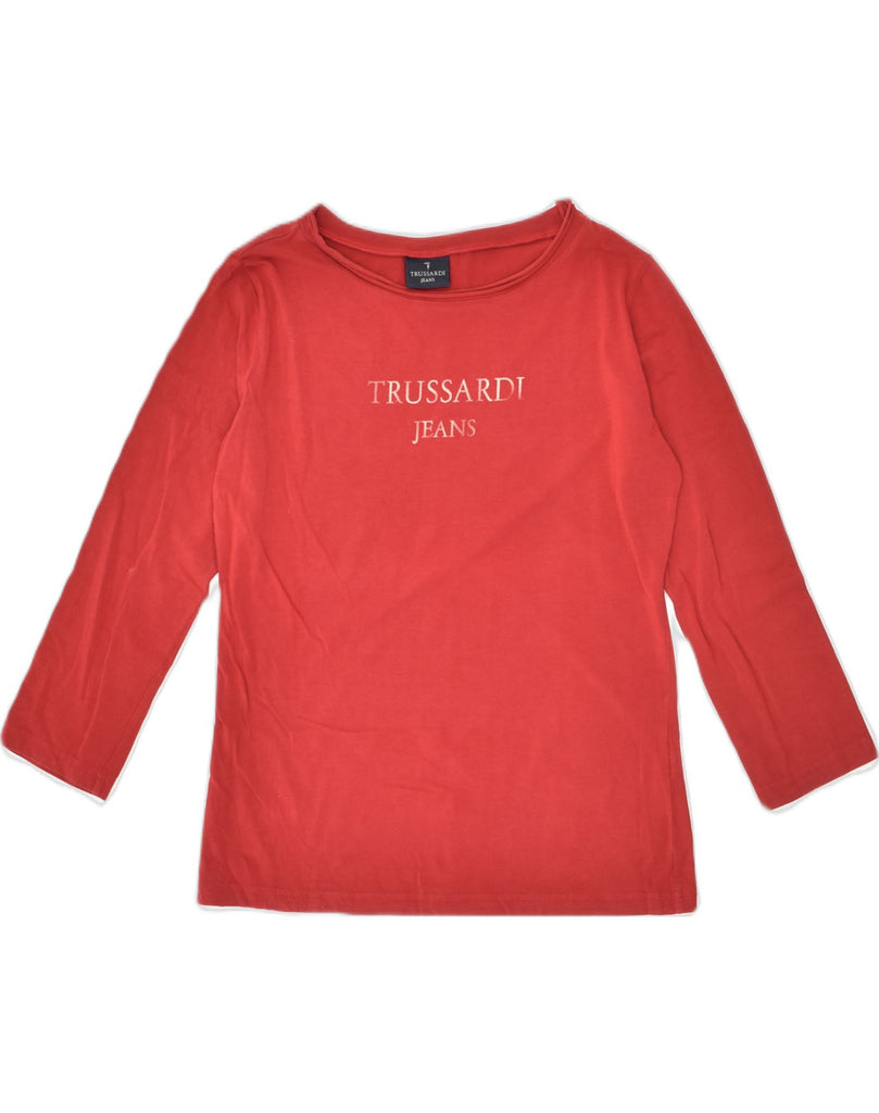 TRUSSARDI JEANS Womens Graphic Top Long Sleeve UK 12 Medium Red Cotton | Vintage Trussardi Jeans | Thrift | Second-Hand Trussardi Jeans | Used Clothing | Messina Hembry 