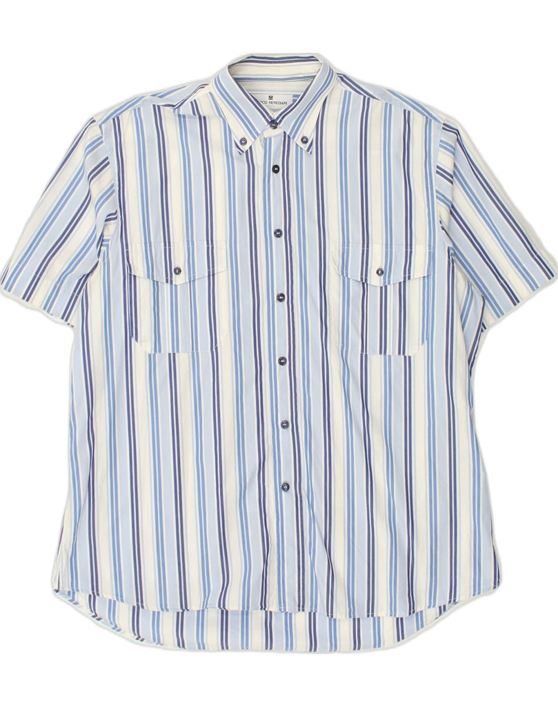 MARCO VENEZIANI Mens Short Sleeve Shirt Size 17 43 XL Blue Striped Cotton | Vintage Marco Veneziani | Thrift | Second-Hand Marco Veneziani | Used Clothing | Messina Hembry 