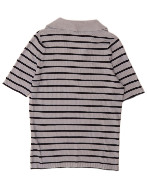 Marks & Spencer Womens Polo Shirt UK 14 Medium Blue Striped Cotton