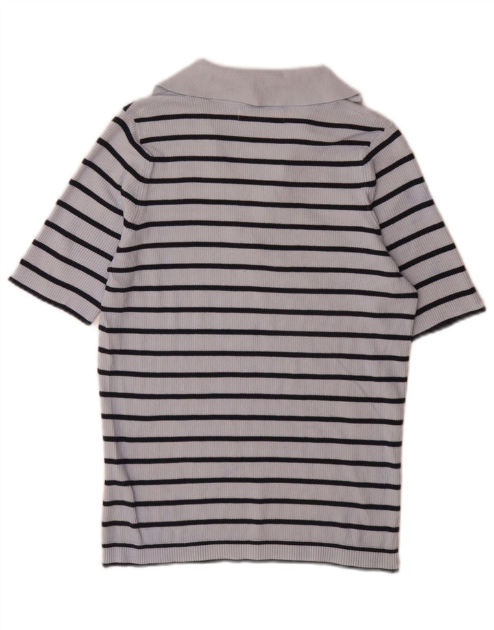 Marks & Spencer Womens Polo Shirt UK 14 Medium Blue Striped Cotton