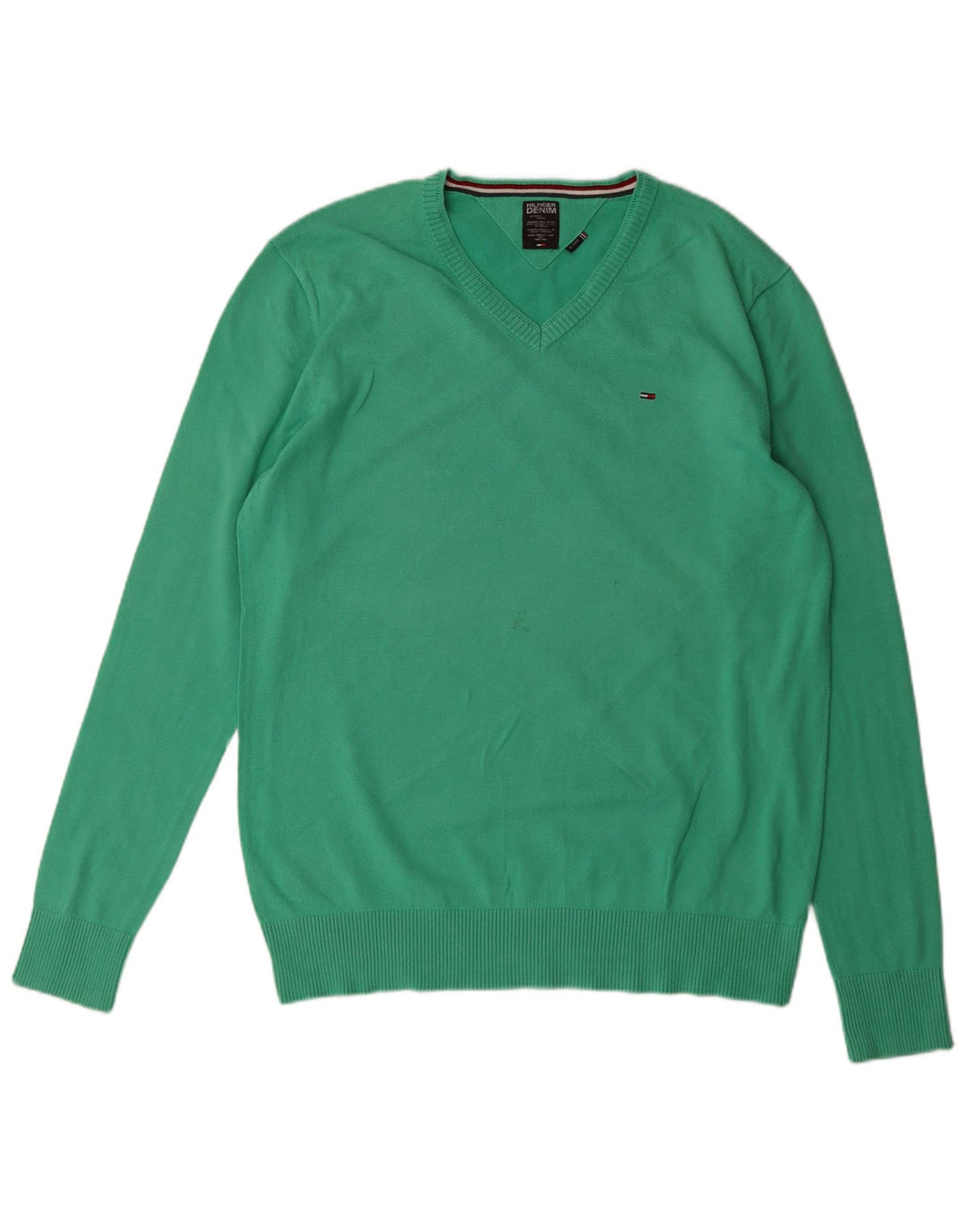 TOMMY HILFIGER Mens V-Neck Jumper Sweater 2XL Green Cotton Classic