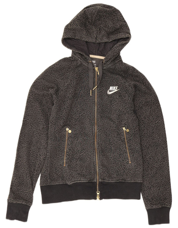 Nike Womens Zip Hoodie Sweater UK 10 Small Grey Animal Print Cotton