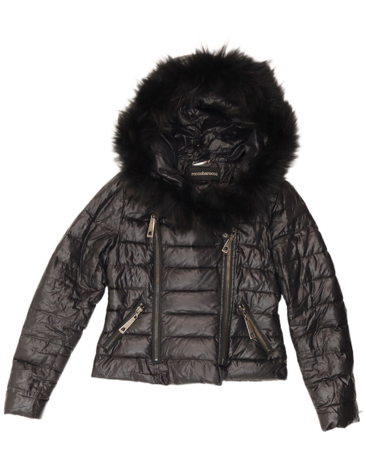 Roccobarocco Womens Hooded Padded Jacket IT 44 Medium Black Polyester