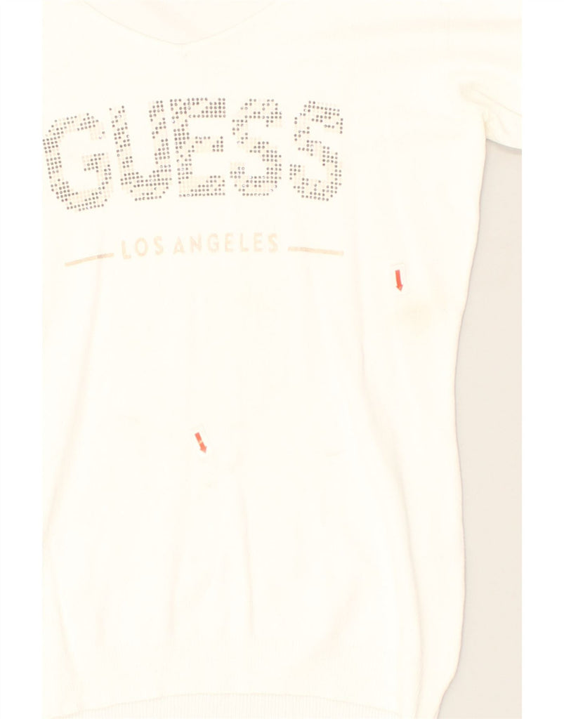 GUESS Womens Graphic V-Neck Jumper Sweater UK 6 XS White | Vintage Guess | Thrift | Second-Hand Guess | Used Clothing | Messina Hembry 