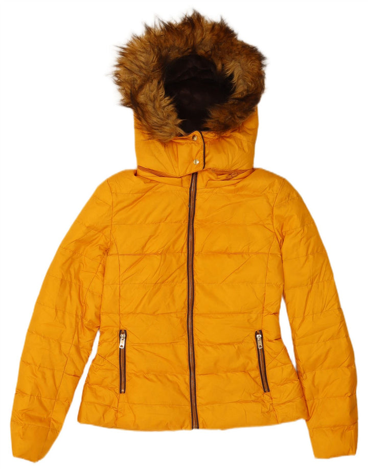 Zara Womens Hooded Padded Jacket UK 10 Small Yellow Polyester