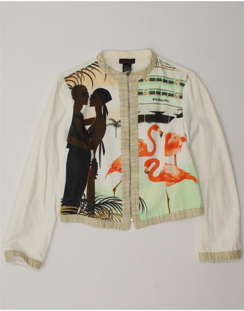 CUSTO BARCELONA Womens Crop Graphic Bomber Jacket EU 42 Large White Art Vintage Custo Barcelona and Second-Hand Custo Barcelona from Messina Hembry 