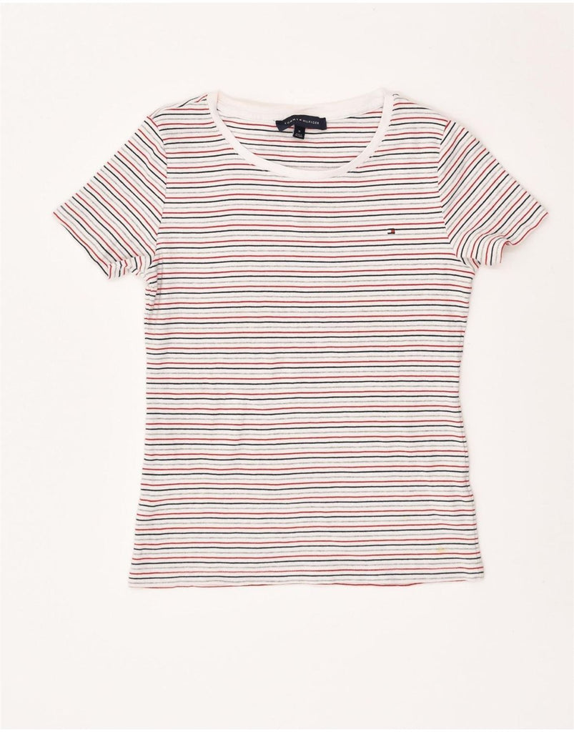 TOMMY HILFIGER Womens T-Shirt Top UK 12 Medium White Pinstripe Cotton | Vintage Tommy Hilfiger | Thrift | Second-Hand Tommy Hilfiger | Used Clothing | Messina Hembry 