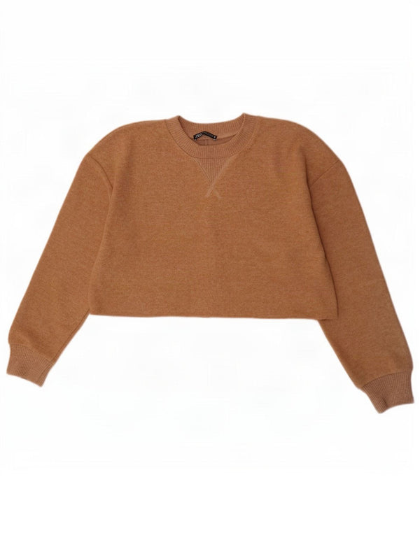 Zara Womens Crop Sweatshirt Jumper UK 14 Medium Beige Polyester