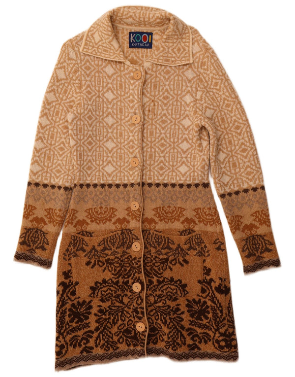 KOOI KNITWEAR Womens Longline Cardigan Sweater EU 36 Small Beige Geometric