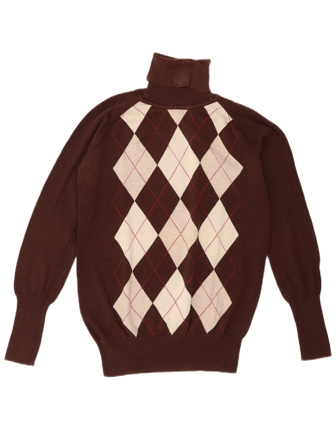Zara Womens Roll Neck Jumper Sweater UK 14 Large Brown Argyle/Diamond