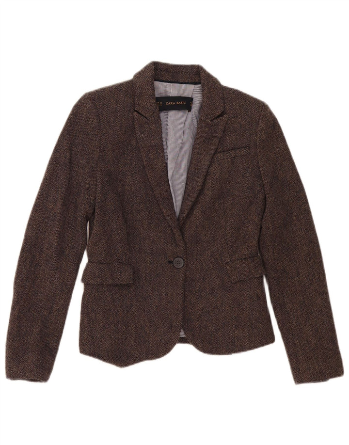 Zara Womens 1 Button Blazer Jacket UK 6 XS Brown Herringbone