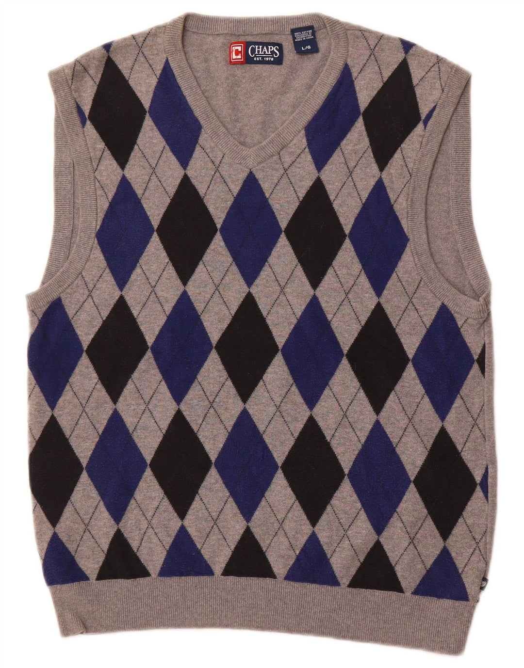 CHAPS Mens Vest Tank Top Large Grey Argyle/Diamond Cotton