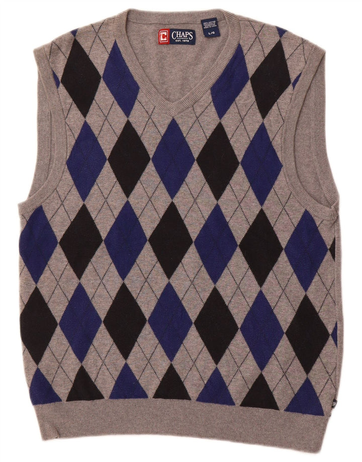 CHAPS Mens Vest Tank Top Large Grey Argyle/Diamond Cotton