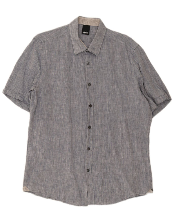 Hugo Boss Mens Short Sleeve Shirt Large Blue Cotton