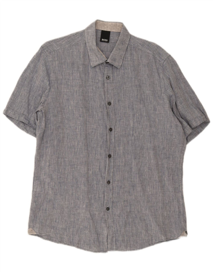 Hugo Boss Mens Short Sleeve Shirt Large Blue Cotton