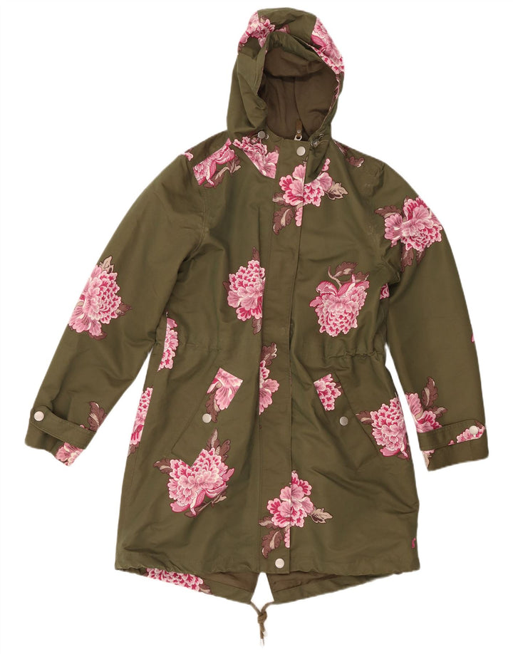 JOULES Womens Hooded Raincoat UK 12 Medium Khaki Floral Polyester