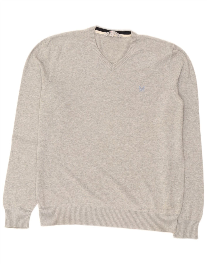 CREW CLOTHING Mens V-Neck Jumper Sweater Large Grey Cotton