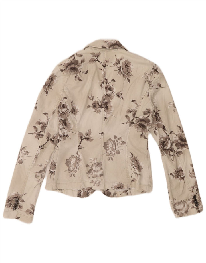 Sisley Womens 2 Button Denim Blazer Jacket UK 10 Small Off White Floral