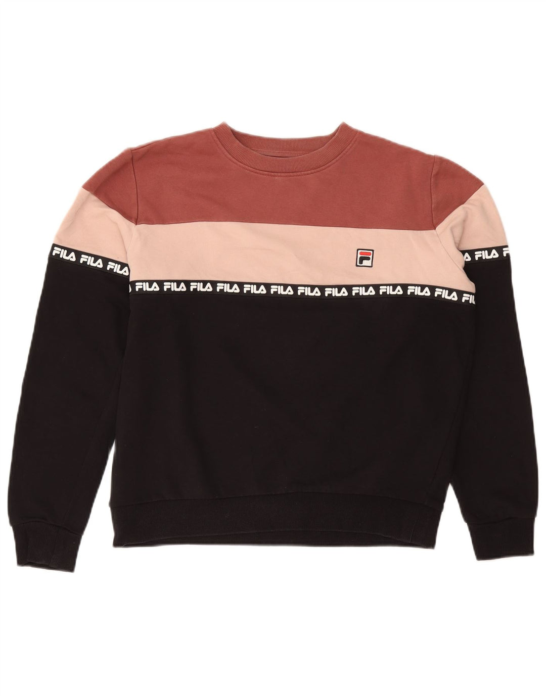 FILA Womens Graphic Sweatshirt Jumper UK 14 Medium Black Colourblock