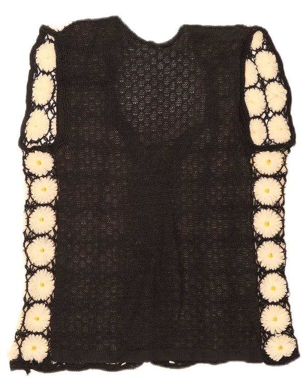 Vintage Womens Sleeveless Cardigan Sweater UK 12 Medium Black Floral