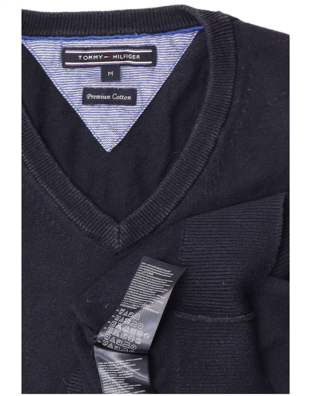 Tommy Hilfiger Mens V-Neck Jumper Sweater Medium Navy Blue Cotton
