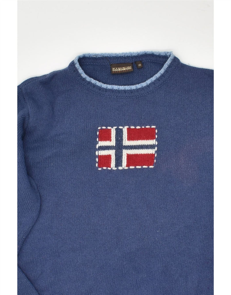 NAPAPIJRI Boys Graphic Crew Neck Jumper Sweater 9-10 Years Blue Wool | Vintage Napapijri | Thrift | Second-Hand Napapijri | Used Clothing | Messina Hembry 