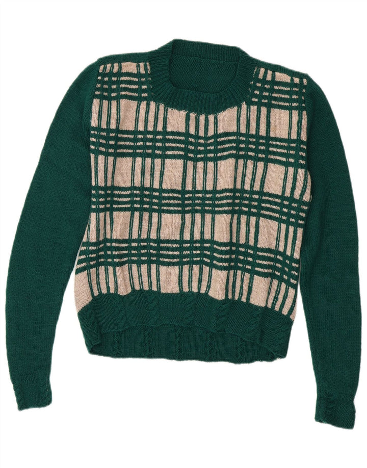 VINTAGE Womens Crew Neck Jumper Sweater UK 14 Medium Green Check