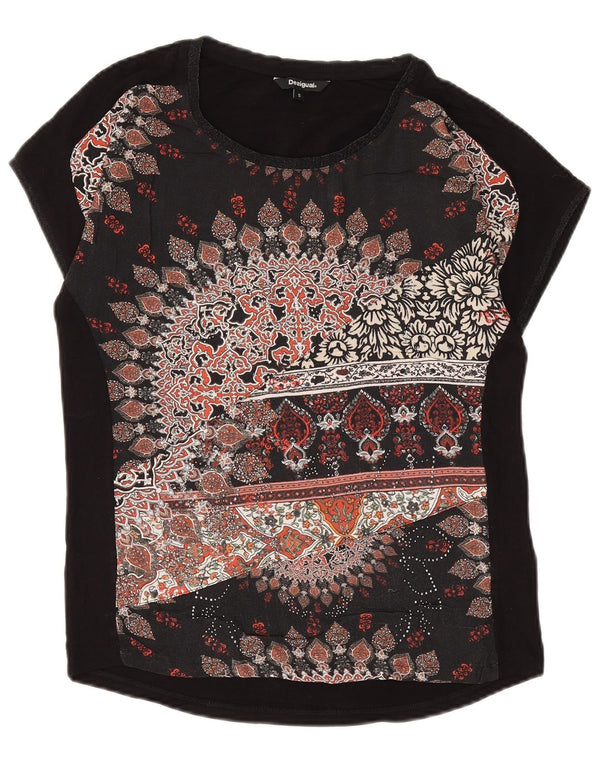 Desigual Womens Graphic T-Shirt Top UK 10 Small Black Floral Viscose