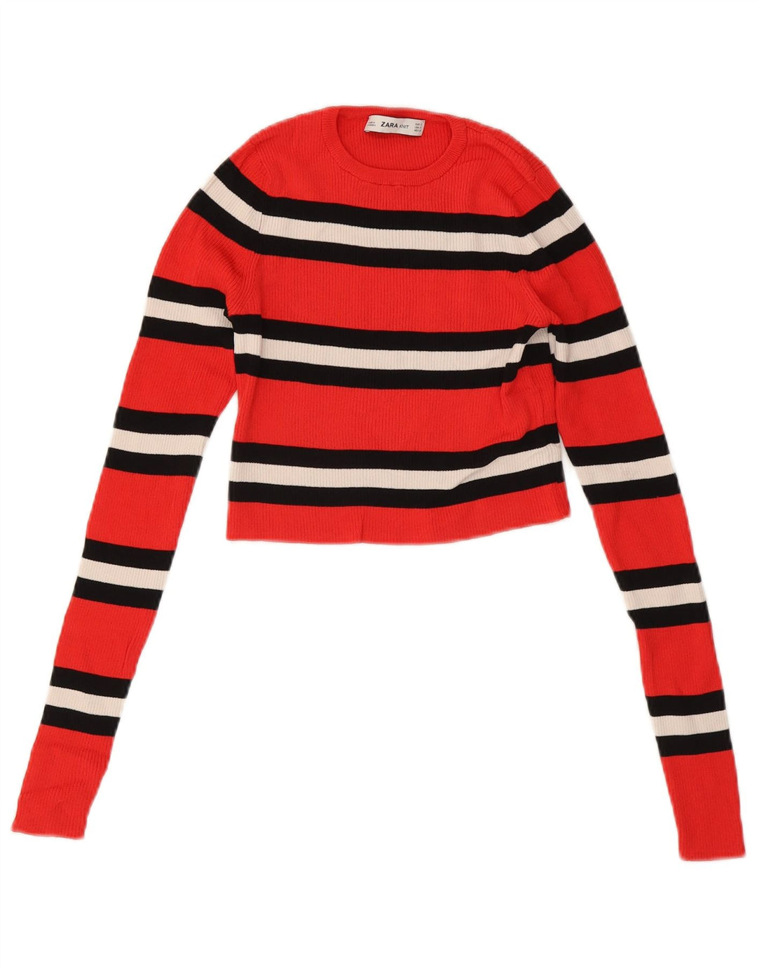 ZARA Womens Crop Crew Neck Jumper Sweater UK 8 Small Red Striped