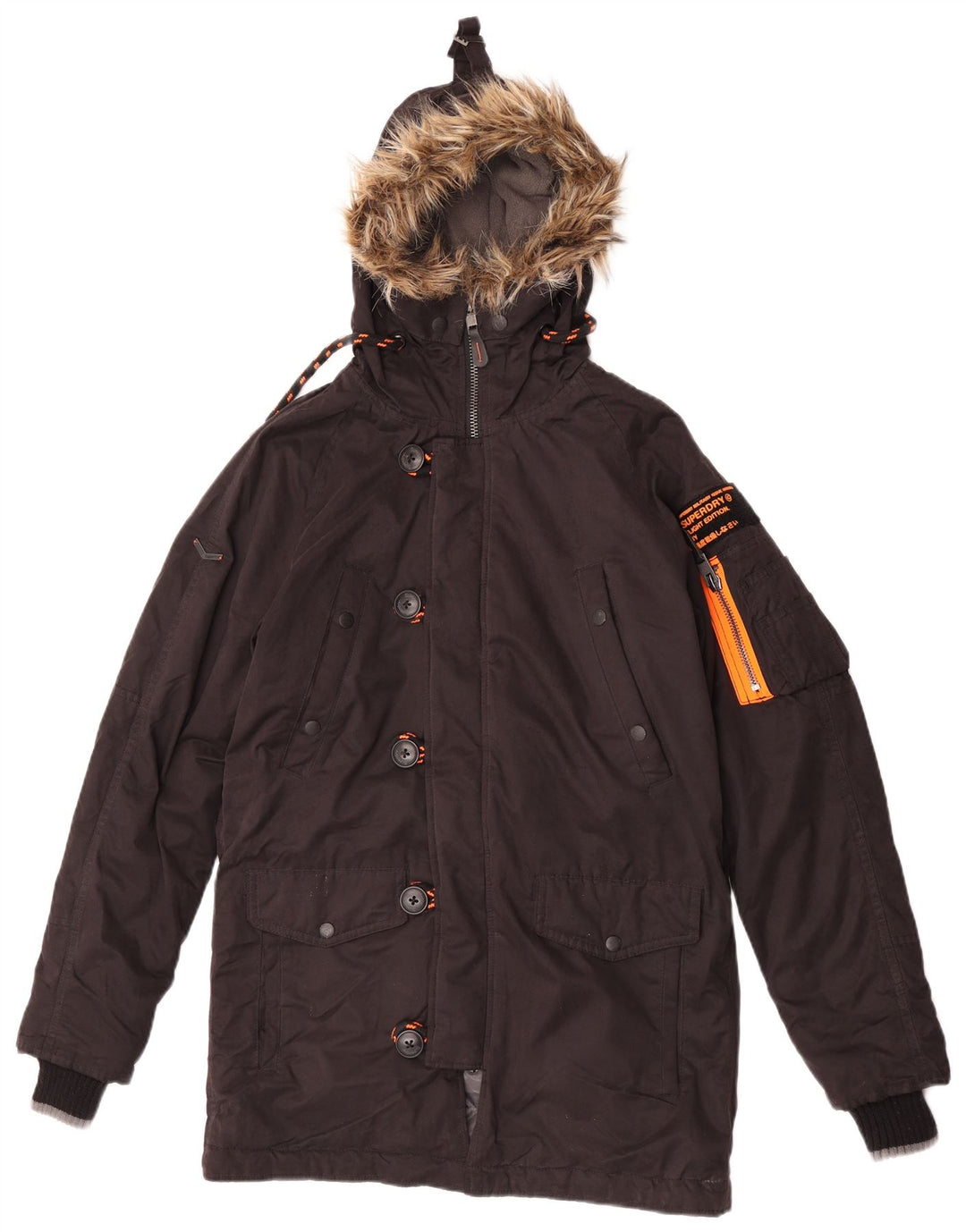Superdry Mens Hooded Parka Jacket UK 36 Small Brown Polyester