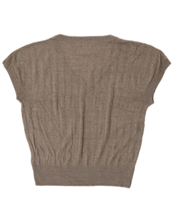 Marks & Spencer Womens Short Sleeve V-Neck Jumper Sweater UK 14 Medium Grey