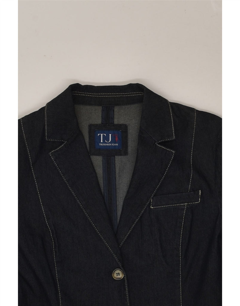 TRUSSARDI Womens Denim 3 Button Blazer Jacket IT 40 Small Navy Blue Cotton | Vintage Trussardi | Thrift | Second-Hand Trussardi | Used Clothing | Messina Hembry 