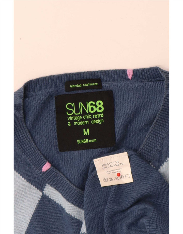 Sun68 Mens V-Neck Jumper Sweater Medium Blue Argyle/Diamond Cotton