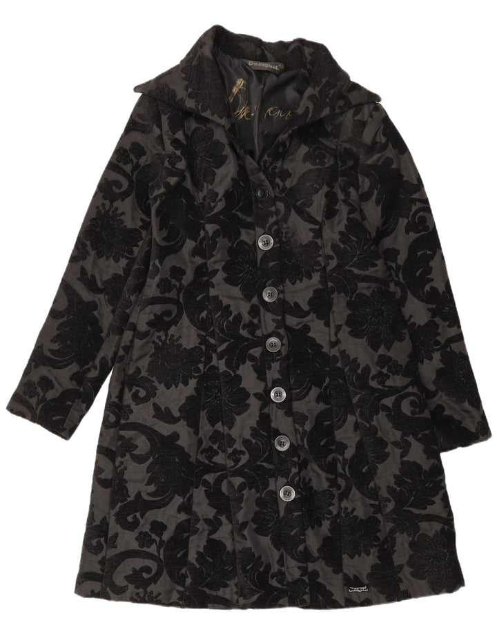 Desigual Womens Regular Fit Overcoat EU 42 Large Black Floral Modern