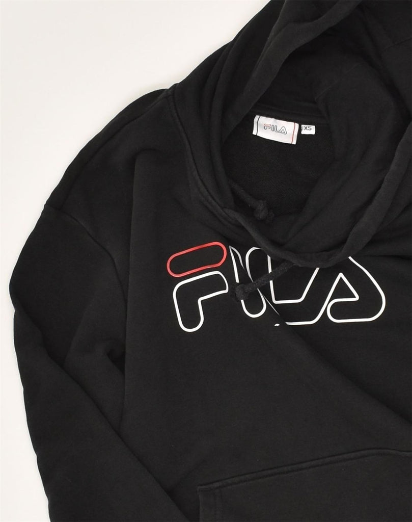 FILA Womens Graphic Hoodie Jumper UK 6 XS Black Cotton | Vintage Fila | Thrift | Second-Hand Fila | Used Clothing | Messina Hembry 