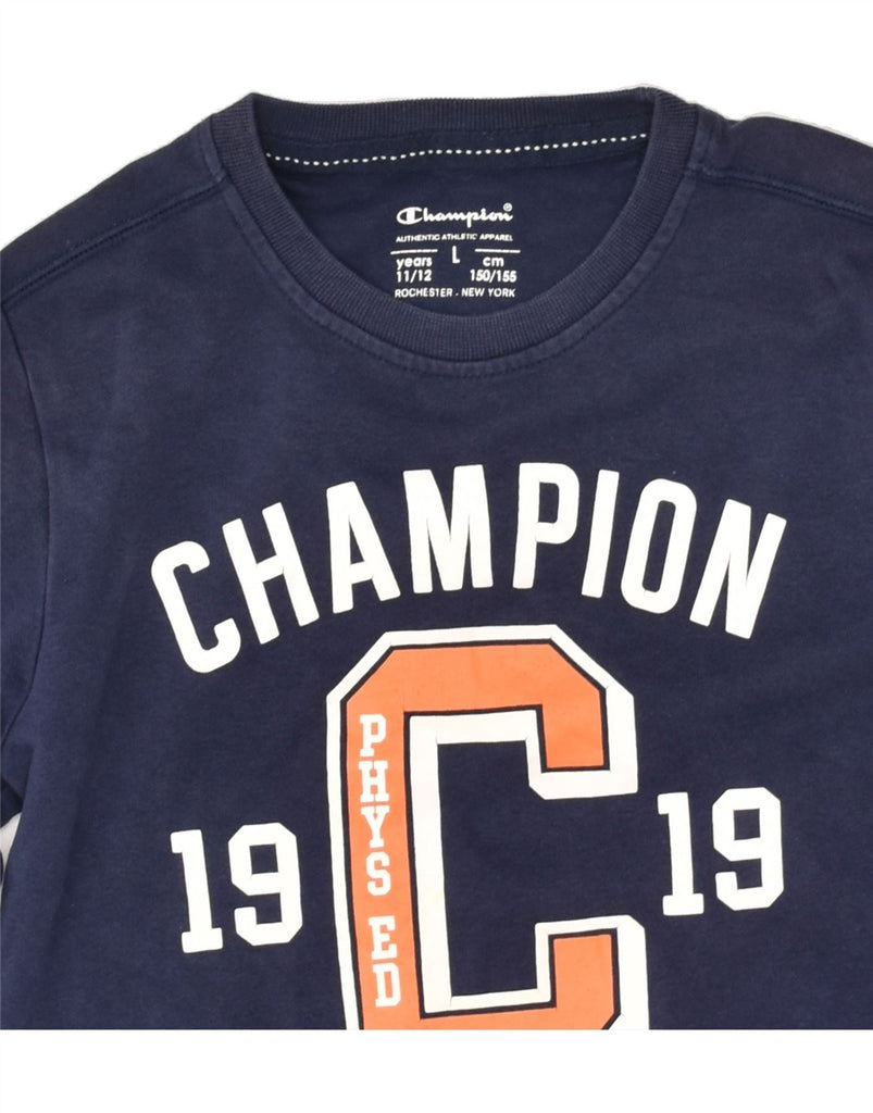 CHAMPION Boys Graphic Sweatshirt Jumper 11-12 Years Large Navy Blue Cotton | Vintage Champion | Thrift | Second-Hand Champion | Used Clothing | Messina Hembry 