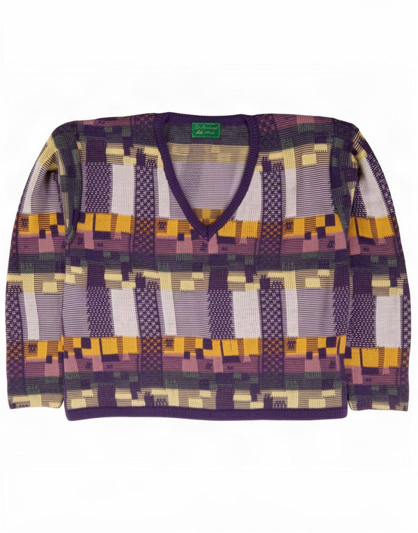 Vintage Womens V-Neck Jumper Sweater UK 14 Medium Purple Geometric Cotton