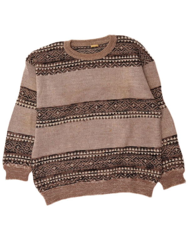 Vintage Mens Crew Neck Jumper Sweater XL Grey Fair Isle Acrylic