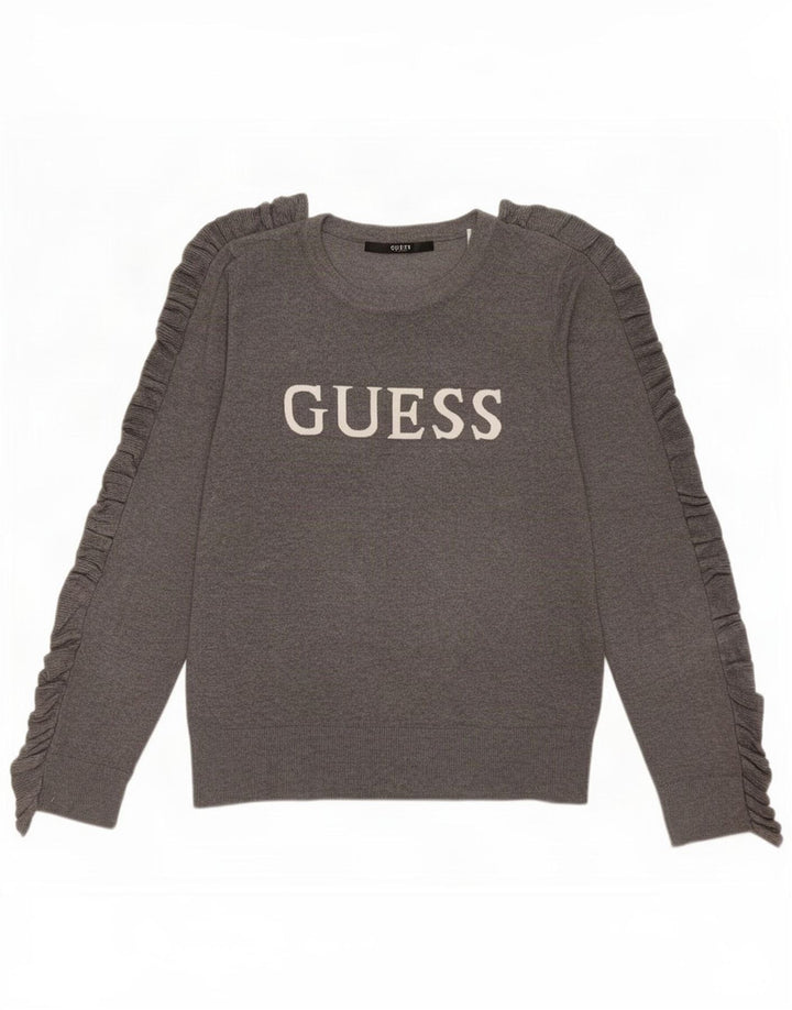 Guess Womens Graphic Crew Neck Jumper Sweater UK 14 Medium Grey