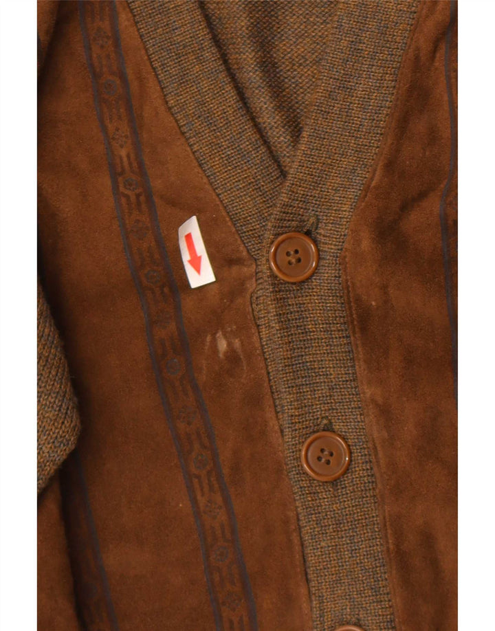 Vintage Mens Suede Cardigan Sweater Large Brown Geometric Wool