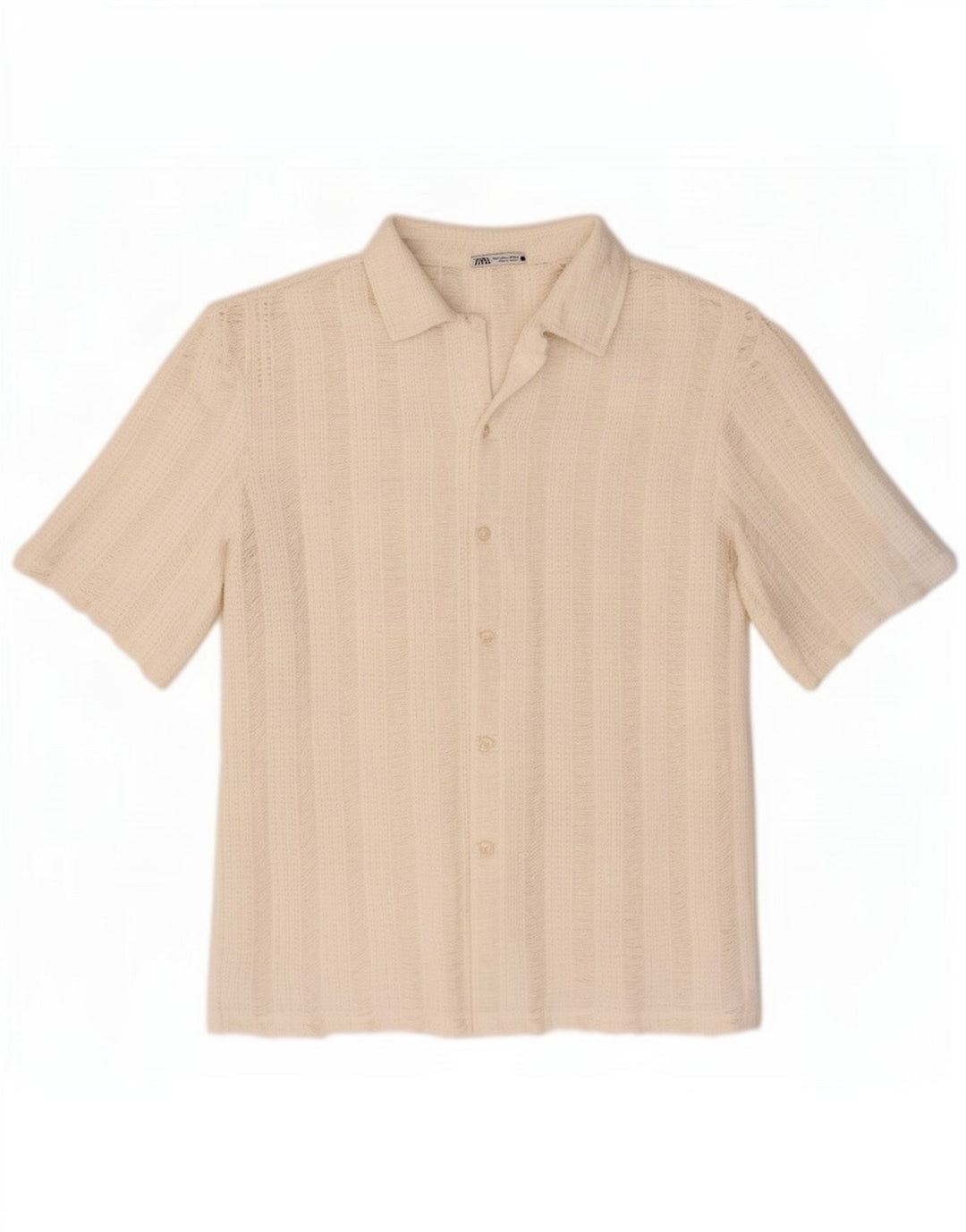 Zara Mens Short Sleeve Knit Shirt Large White Striped Polyester