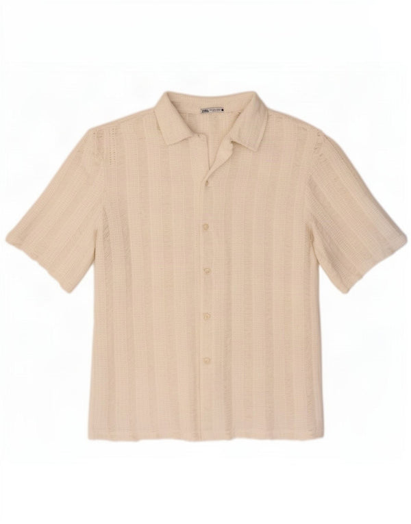 Zara Mens Short Sleeve Knit Shirt Large White Striped Polyester
